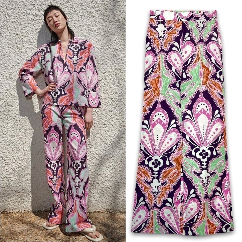 NWT ZARA Linen-Cotton Art Deco Paisley Wide Leg High Rise Boho Palazzo Pants XS